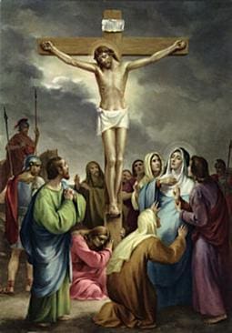 Here's an alt tag for the image: Crucifixion of Jesus Christ with mourners.