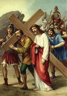 Here's an alt tag for the image: Jesus carrying the cross to Calvary.