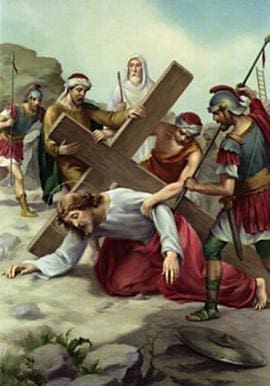 Jesus falling under the cross.