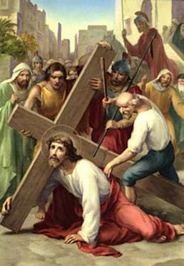 Here's an alt tag for the image: Jesus falls carrying the cross.