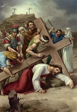 Here's an alt tag for the image: Jesus falls carrying the cross.