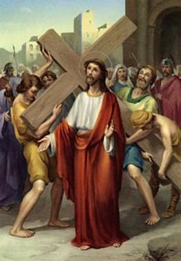 Here's an alt tag for the image: Jesus carrying the cross to Calvary.